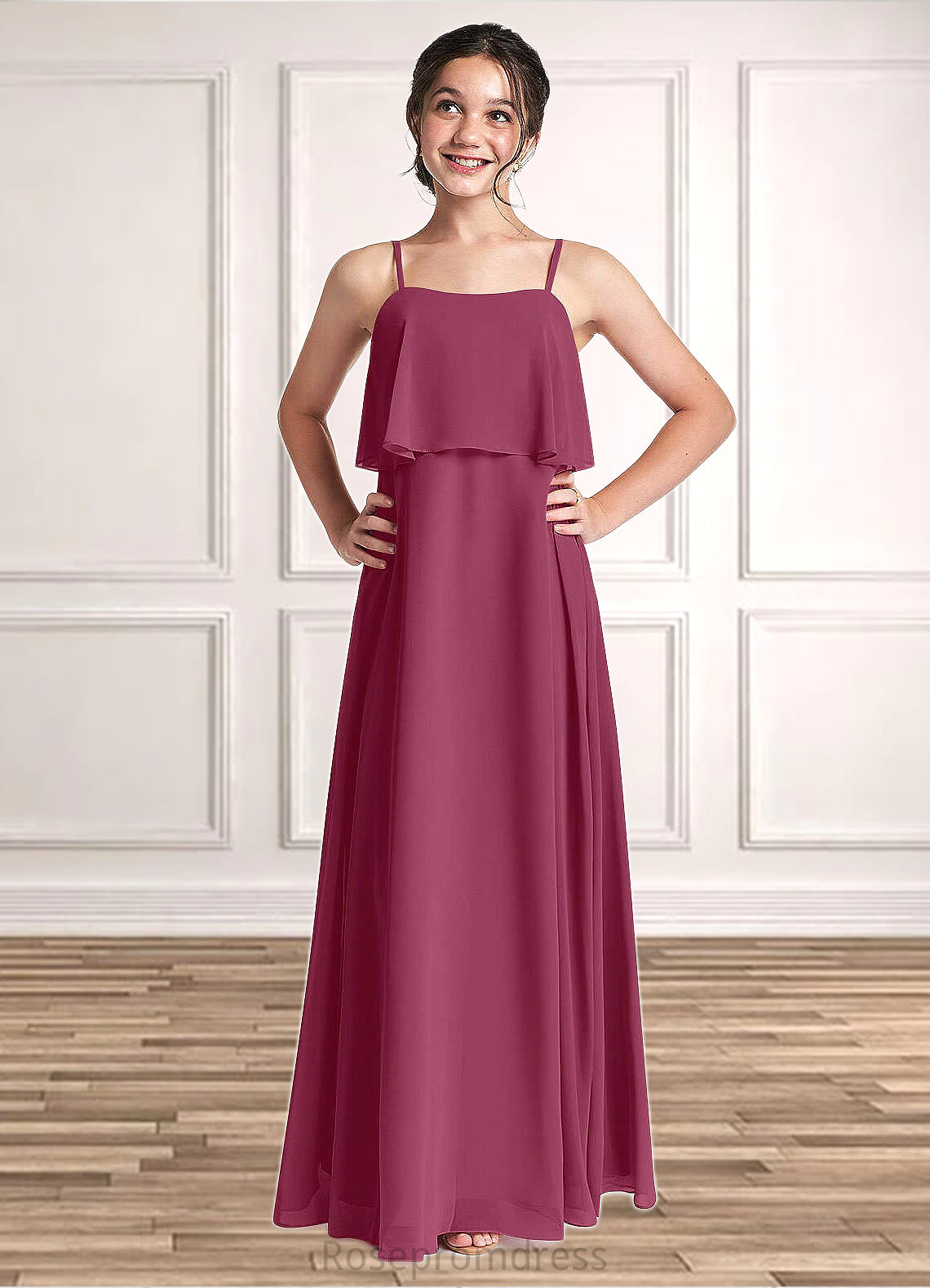 Annabelle A-Line Ruched Chiffon Floor-Length Junior Bridesmaid Dress Mulberry SRSP0022874