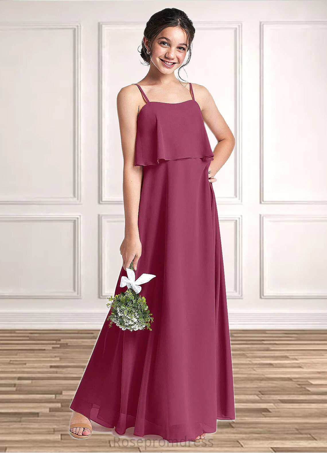 Annabelle A-Line Ruched Chiffon Floor-Length Junior Bridesmaid Dress Mulberry SRSP0022874