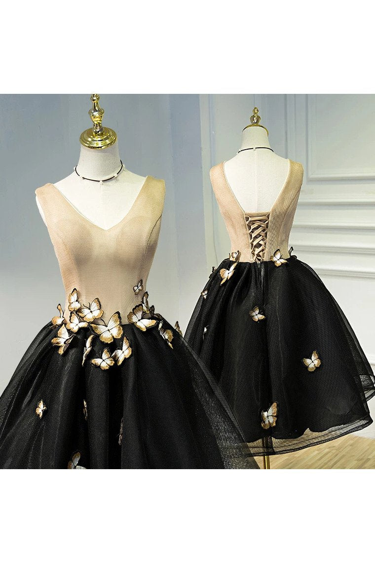 A Line Black V Neck Homecoming Dresses Sleeveless With Butterfly