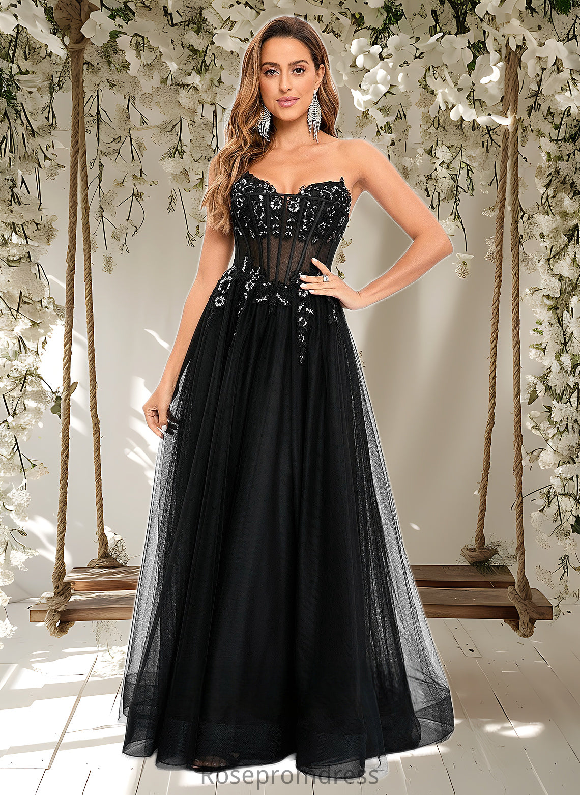 Camila Ball-Gown/Princess V-Neck Floor-Length Tulle Prom Dresses With Sequins Appliques Lace DSP0025837