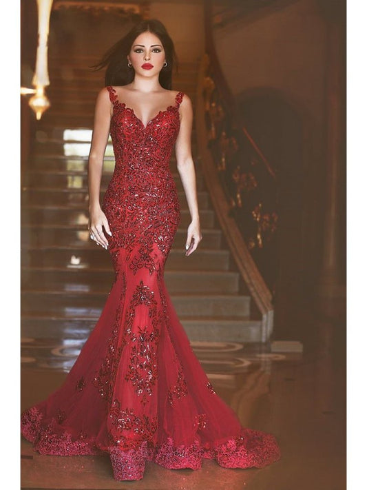 Gorgeous Red Mermaid V-neck Backless Prom Dresses with Beading Appliques For Spring Teens RS130