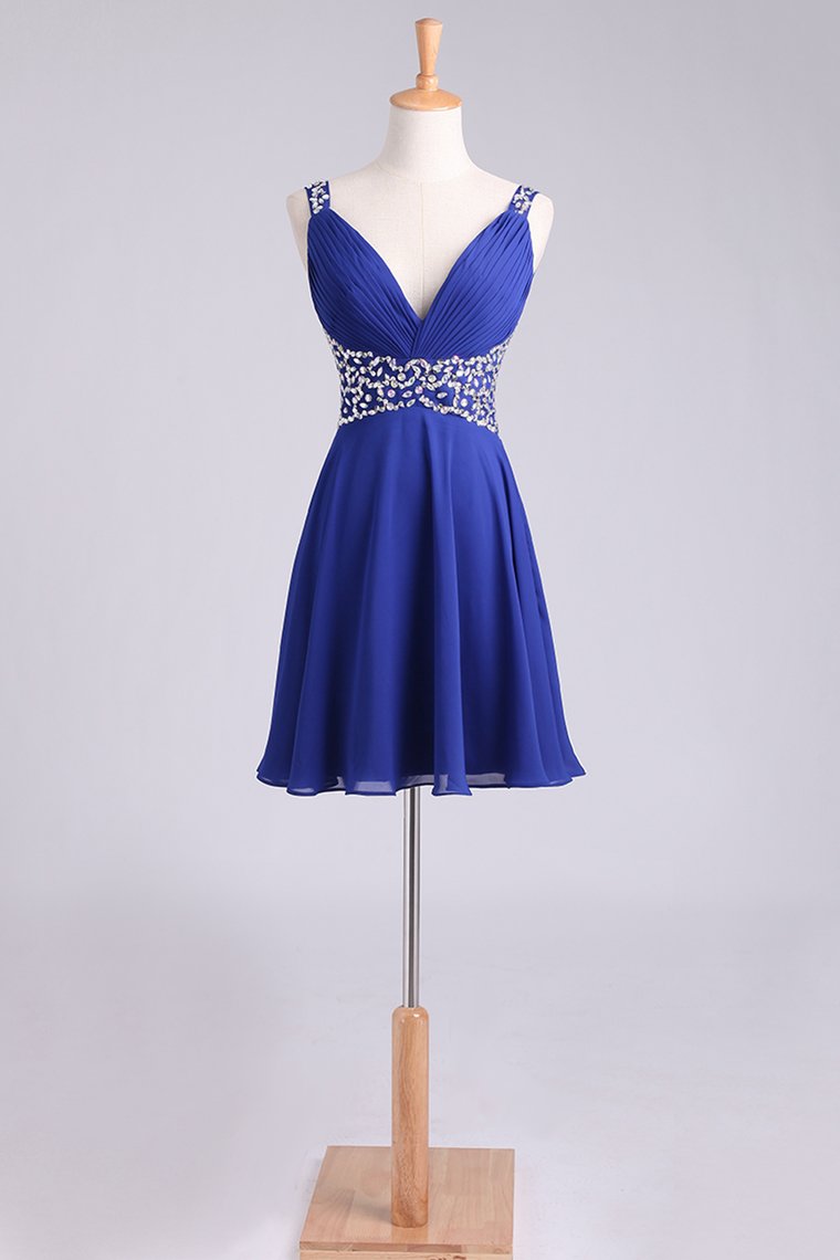 2024 Homecoming Dresses Straps A-Line Short/Mini Chiffon With Beads And Ruffles Dark Royal Blue