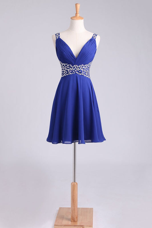 2024 Homecoming Dresses Straps A-Line Short/Mini Chiffon With Beads And Ruffles Dark Royal Blue