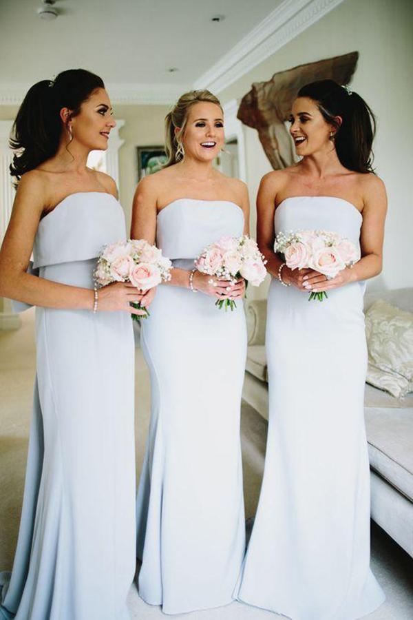 Simple Strapless Grey Satin Cheap Long Bridesmaid Dresses GD00002