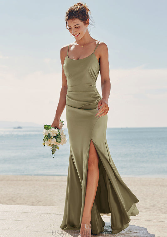 Trumpet/Mermaid Scoop Neck Sleeveless Floor-Length Stretch Satin Bridesmaid Dresses with Pleated Split Michaela DSP0025219