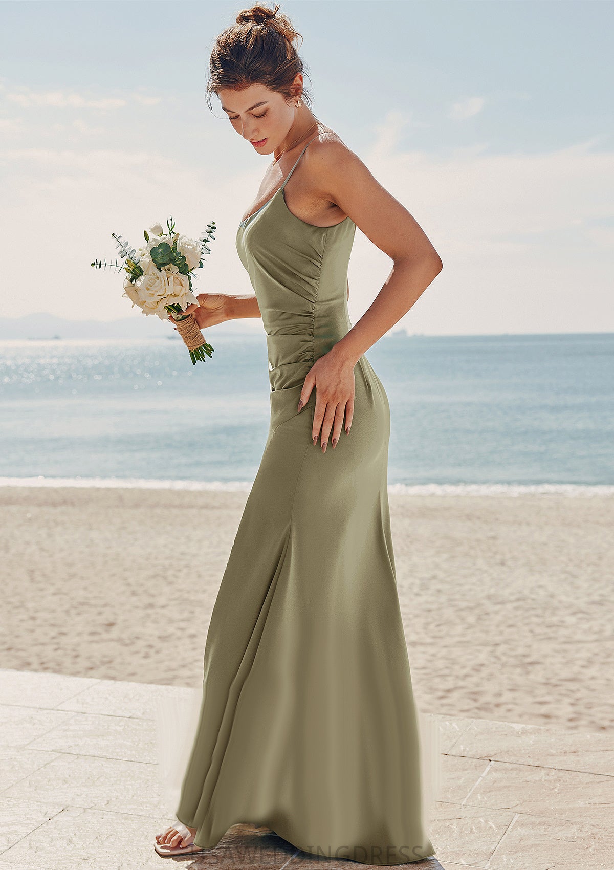 Trumpet/Mermaid Scoop Neck Sleeveless Floor-Length Stretch Satin Bridesmaid Dresses with Pleated Split Michaela DSP0025219