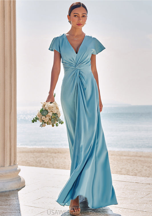 Sheath/Column V Neck Short Sleeve Floor-Length Stretch Satin Bridesmaid Dresses with Pleated Maisie DSP0025225