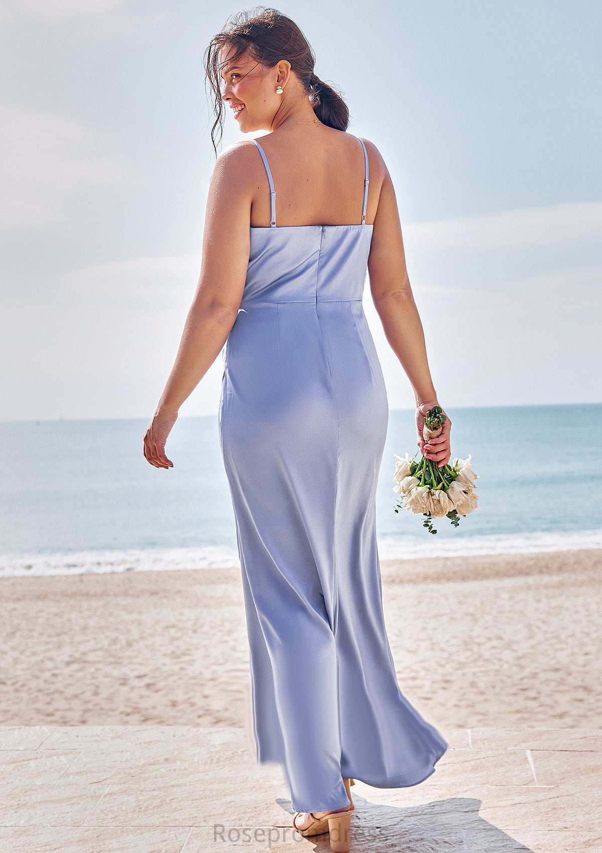 Sheath/Column V Neck Sleeveless Floor-Length Stretch Satin Bridesmaid Dresses with Pleated Split Stephanie SRSP0025227