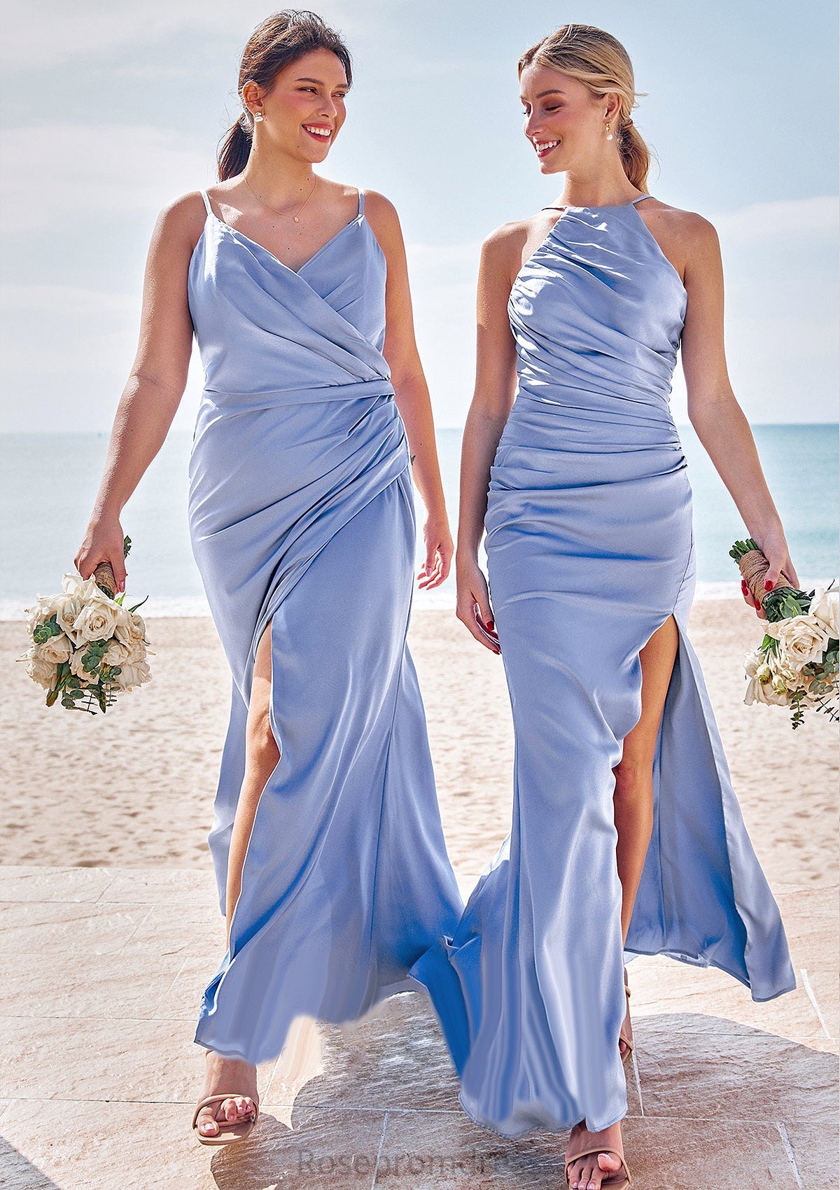 Sheath/Column V Neck Sleeveless Floor-Length Stretch Satin Bridesmaid Dresses with Pleated Split Stephanie SRSP0025227