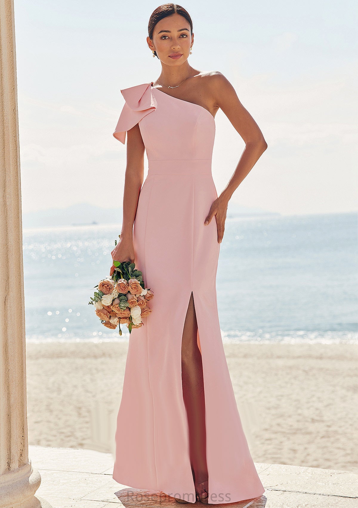 Sheath/Column One-Shoulder Sleeveless Floor-Length Stretch Crepe Bridesmaid Dresses with Bowknot Split Alyvia SRSP0025230