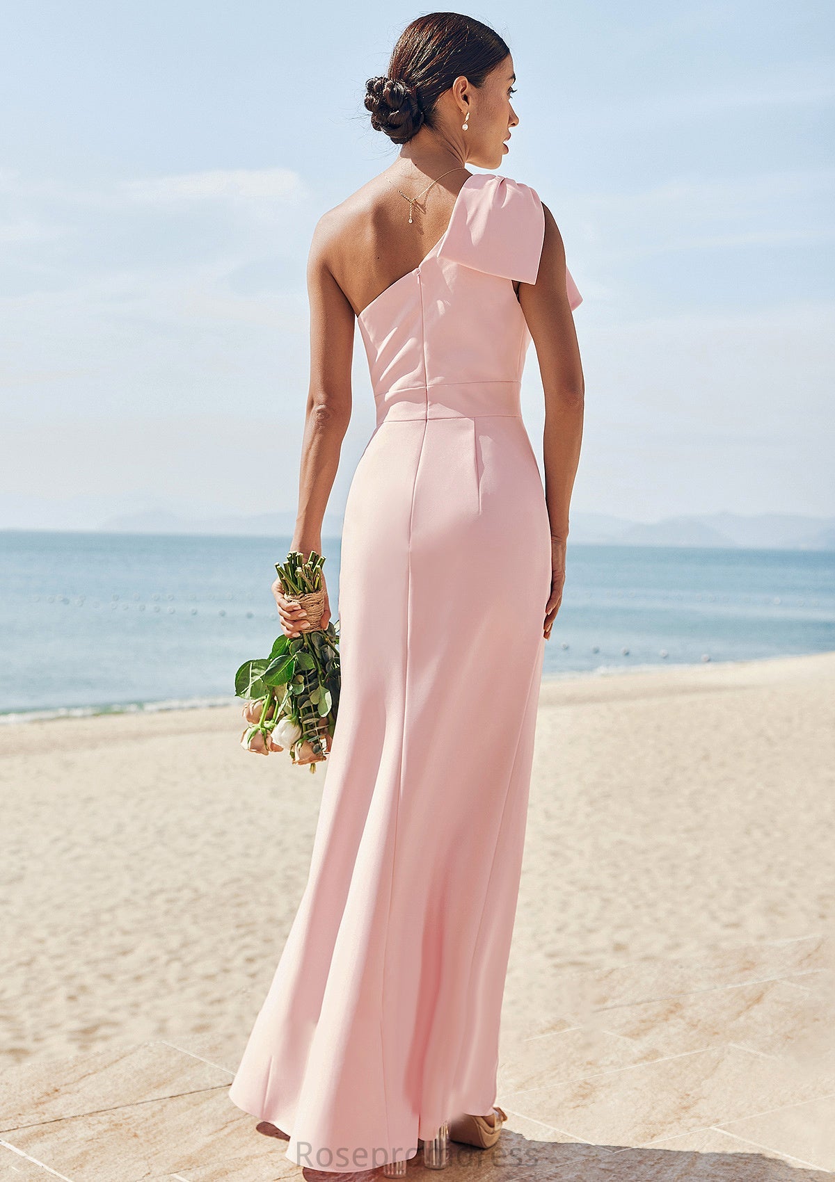 Sheath/Column One-Shoulder Sleeveless Floor-Length Stretch Crepe Bridesmaid Dresses with Bowknot Split Alyvia SRSP0025230