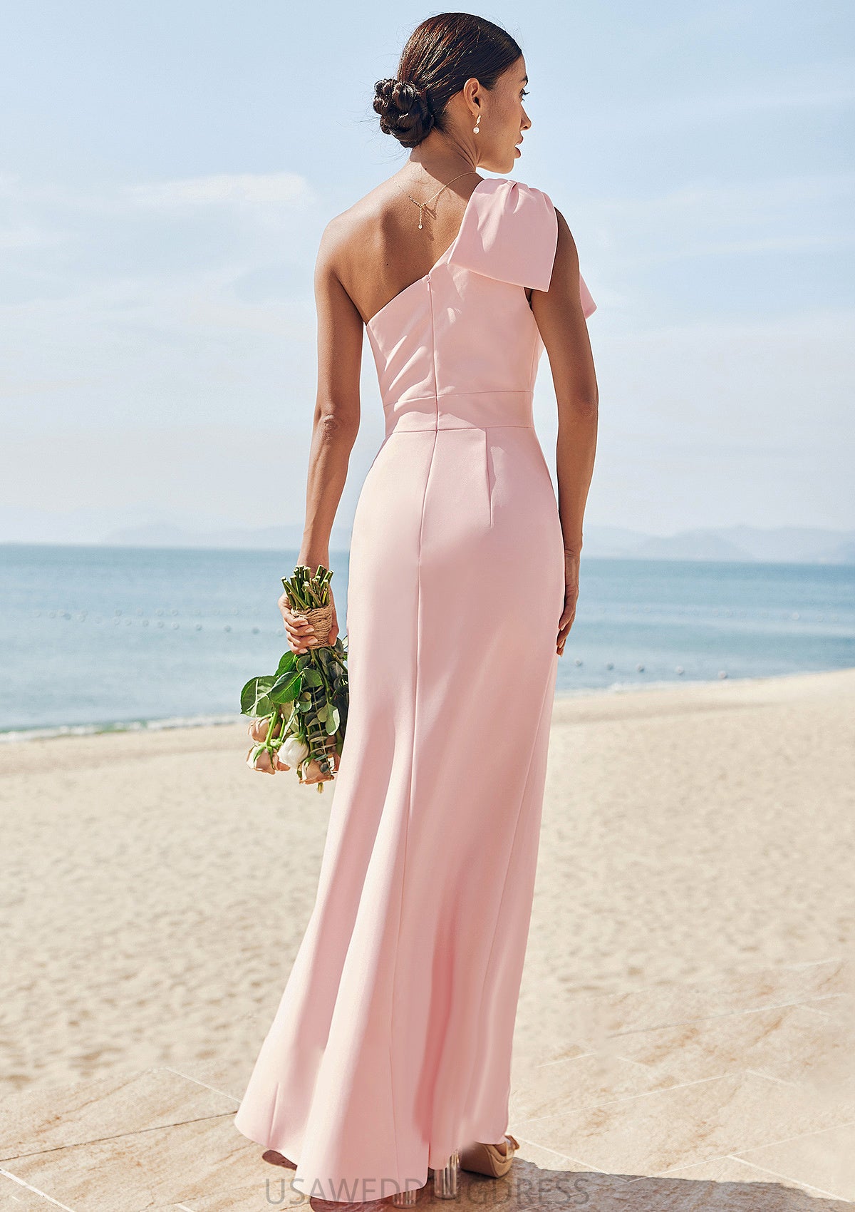 Sheath/Column One-Shoulder Sleeveless Floor-Length Stretch Crepe Bridesmaid Dresses with Bowknot Split Zaria DSP0025230