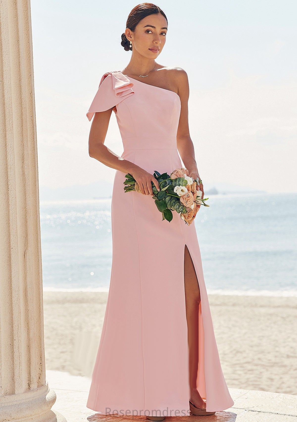 Sheath/Column One-Shoulder Sleeveless Floor-Length Stretch Crepe Bridesmaid Dresses with Bowknot Split Alyvia SRSP0025230