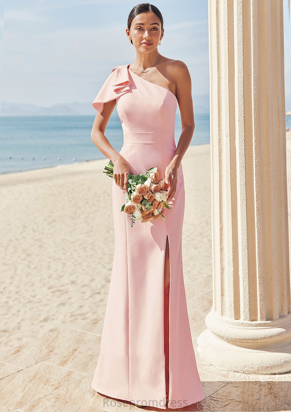 Sheath/Column One-Shoulder Sleeveless Floor-Length Stretch Crepe Bridesmaid Dresses with Bowknot Split Alyvia SRSP0025230