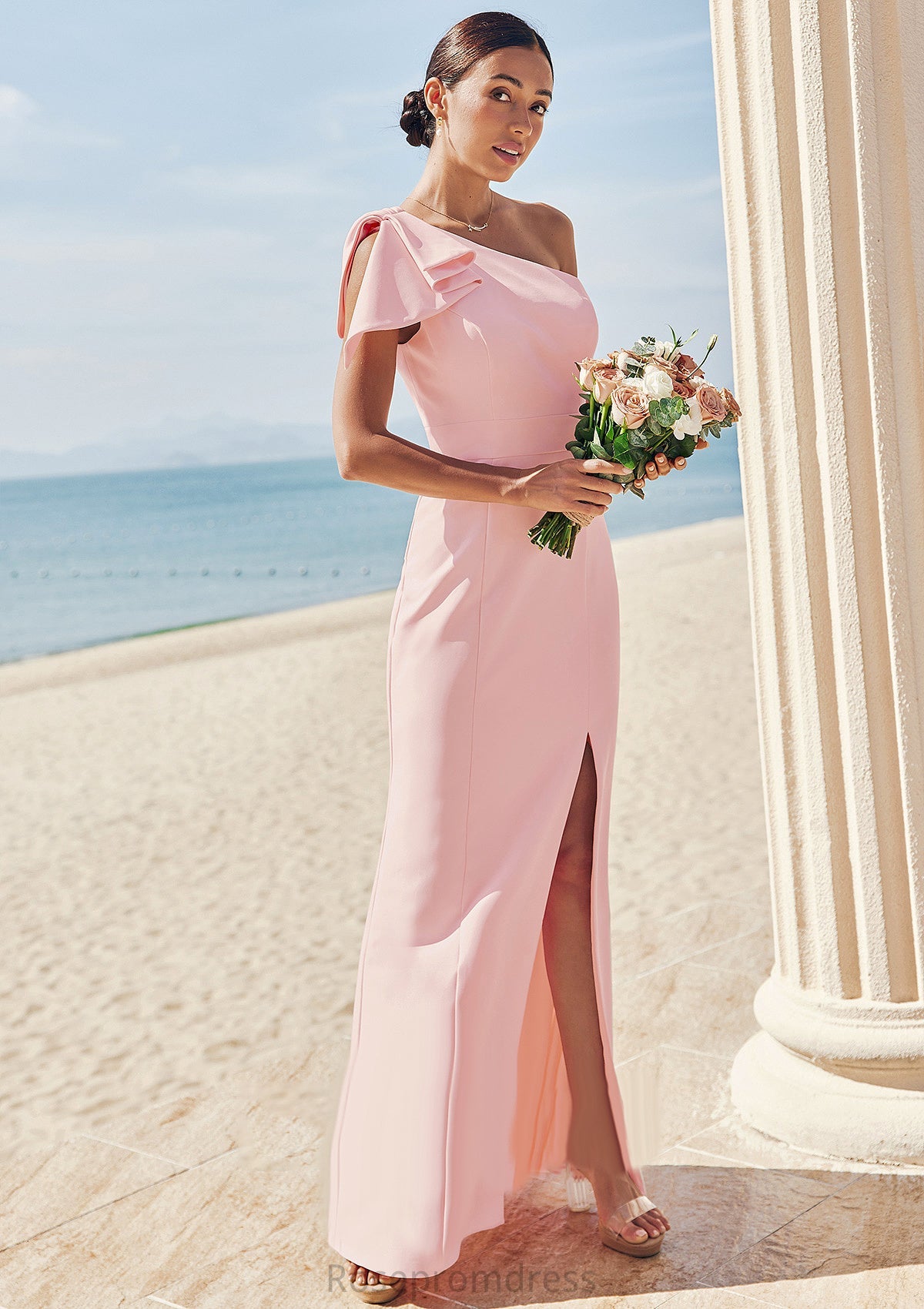 Sheath/Column One-Shoulder Sleeveless Floor-Length Stretch Crepe Bridesmaid Dresses with Bowknot Split Alyvia SRSP0025230