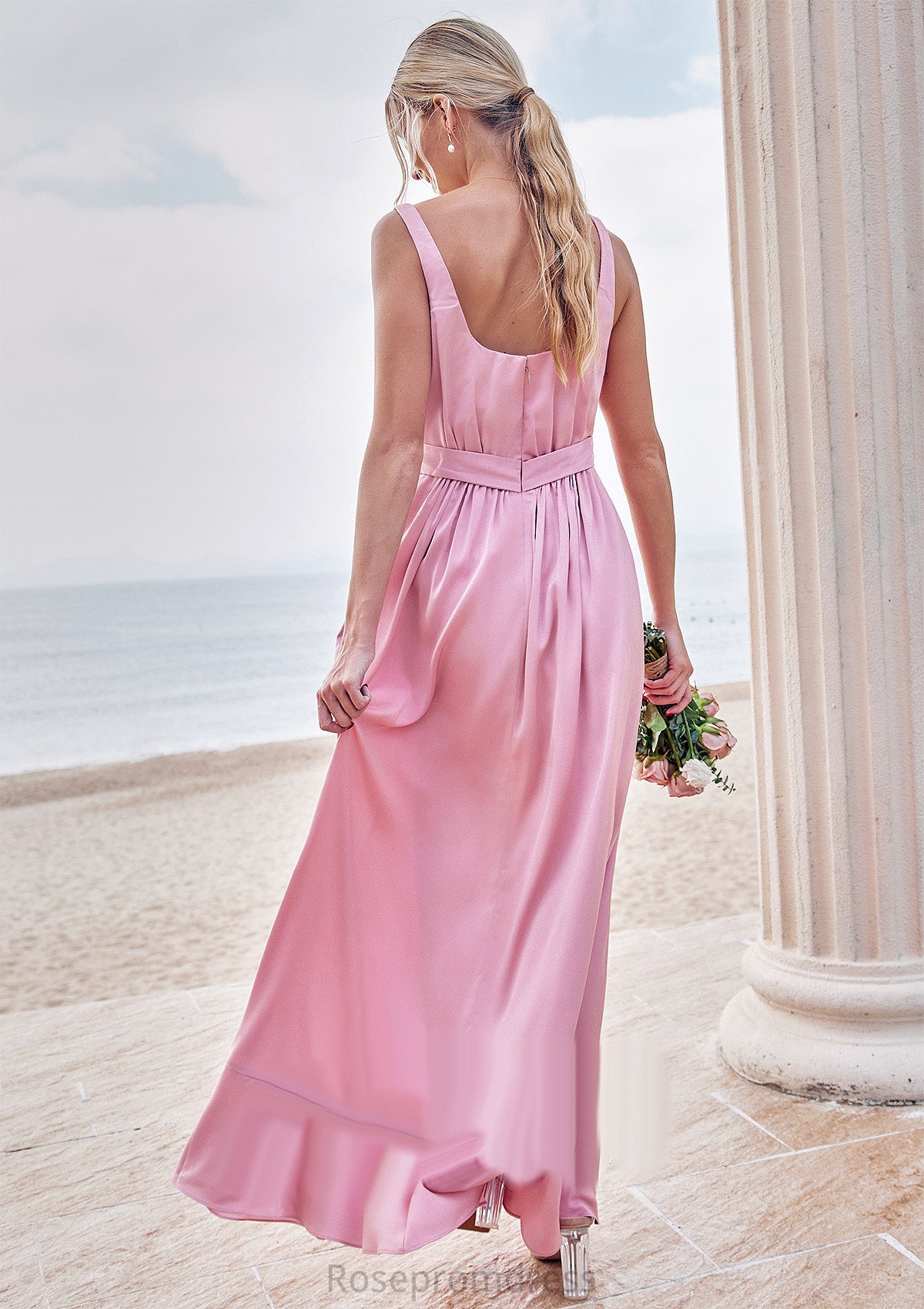 A-line Square Neckline Sleeveless Ankle-Length Stretch Satin Bridesmaid Dresses Moira SRSP0025231