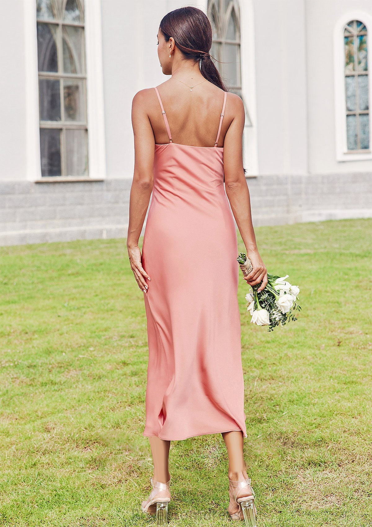 Sheath/Column Cowl Neck Sleeveless Tea-Length Stretch Satin Bridesmaid Dresses Jaylen SRSP0025232