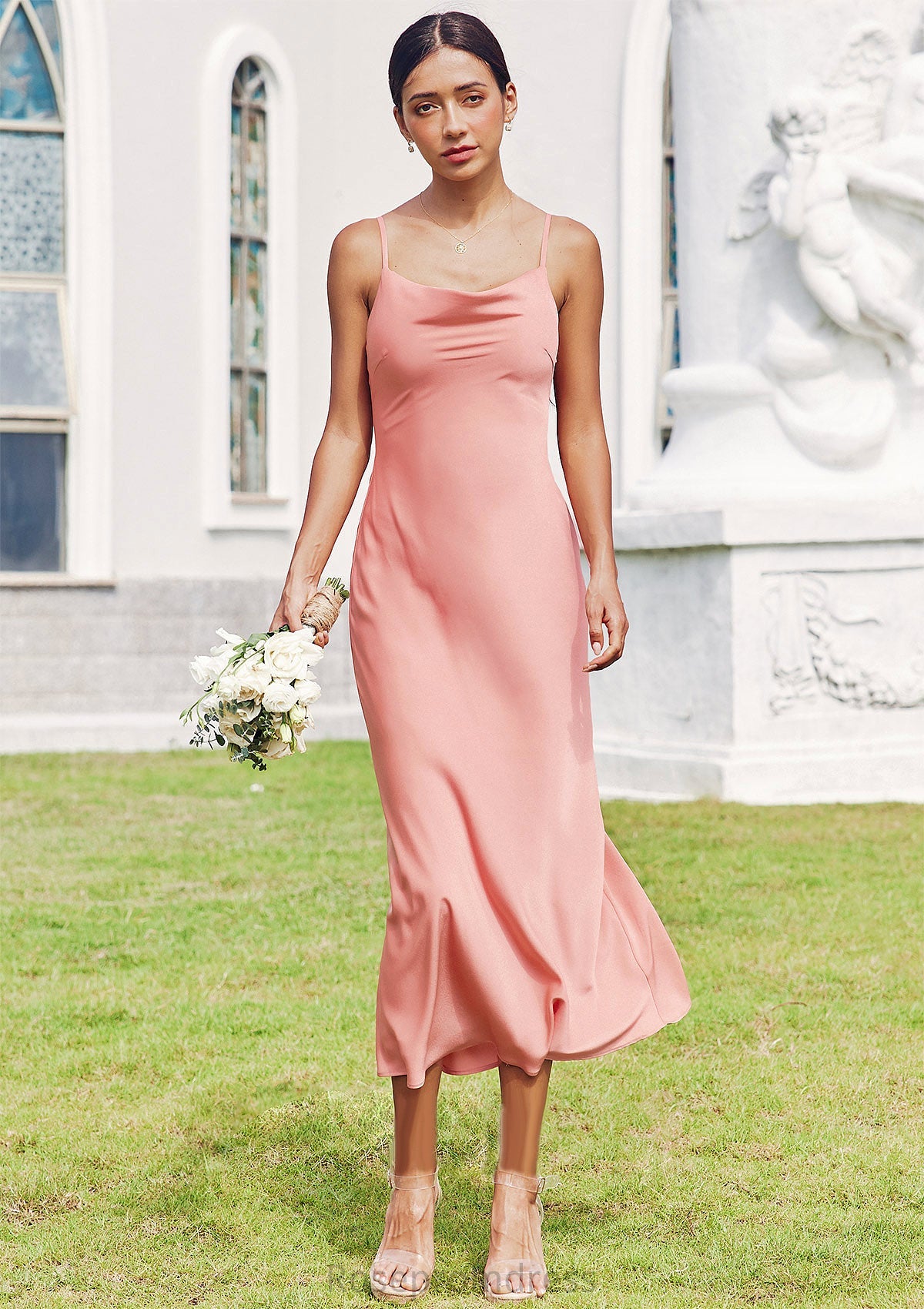 Sheath/Column Cowl Neck Sleeveless Tea-Length Stretch Satin Bridesmaid Dresses Jaylen SRSP0025232