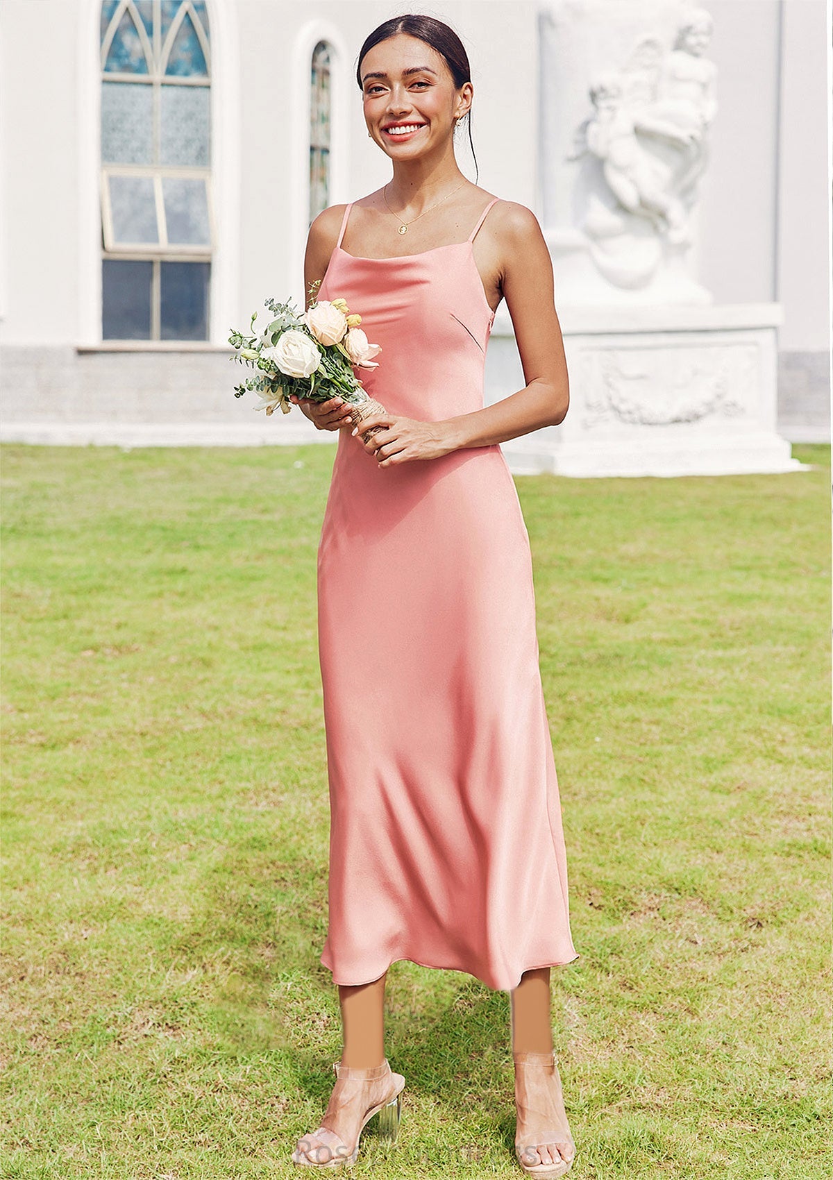 Sheath/Column Cowl Neck Sleeveless Tea-Length Stretch Satin Bridesmaid Dresses Jaylen SRSP0025232