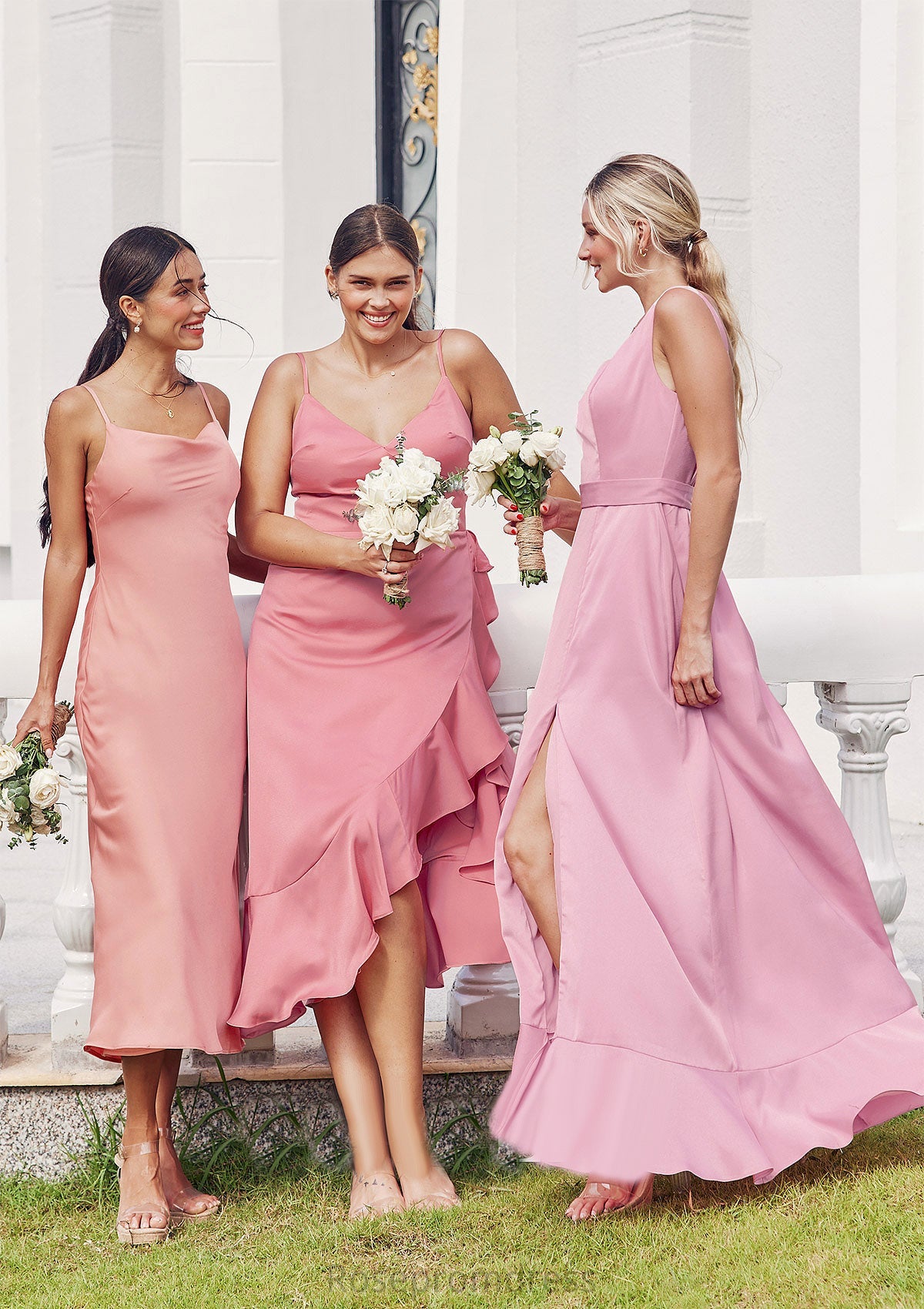 Sheath/Column Cowl Neck Sleeveless Tea-Length Stretch Satin Bridesmaid Dresses Jaylen SRSP0025232