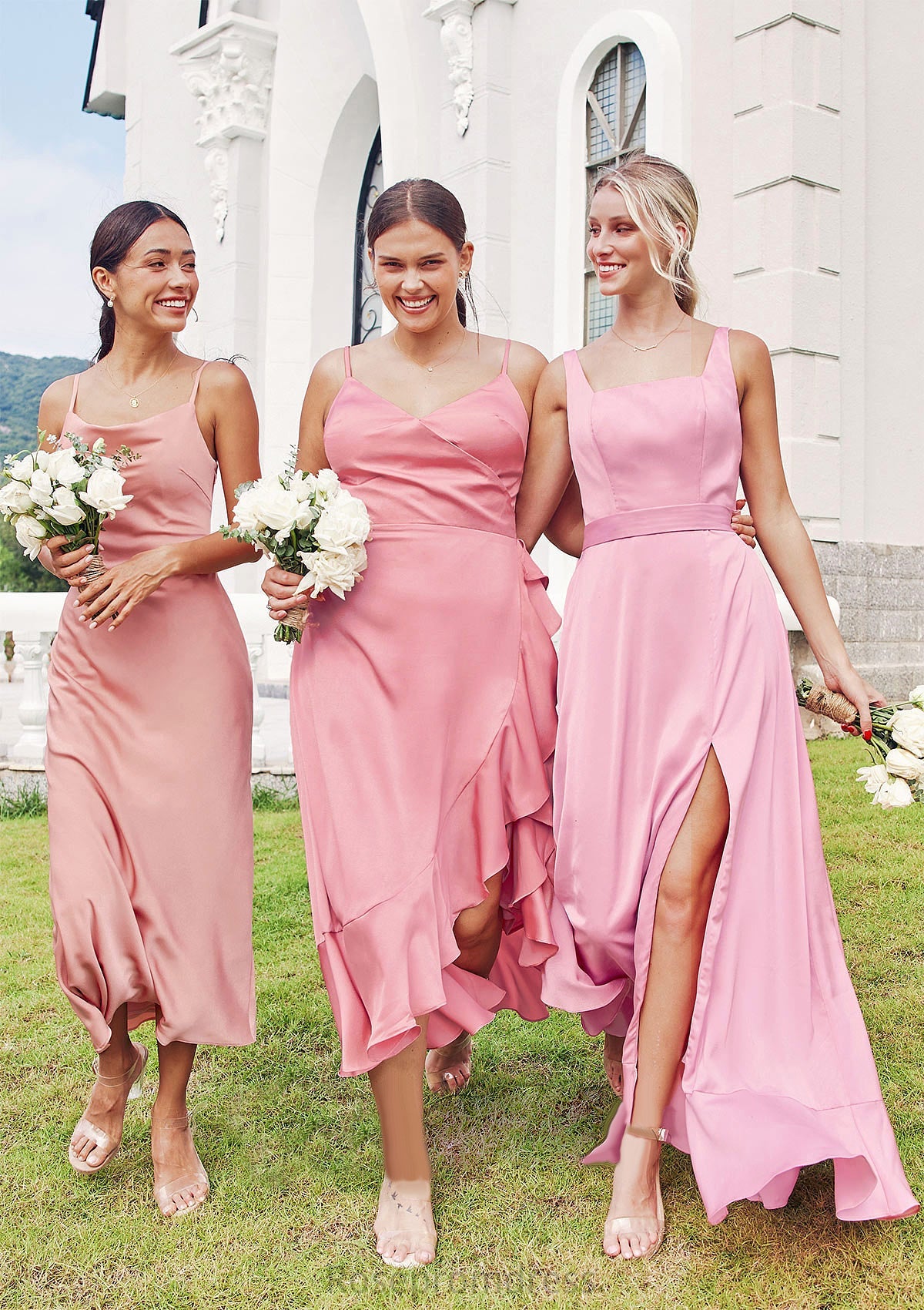 Sheath/Column Cowl Neck Sleeveless Tea-Length Stretch Satin Bridesmaid Dresses Jaylen SRSP0025232