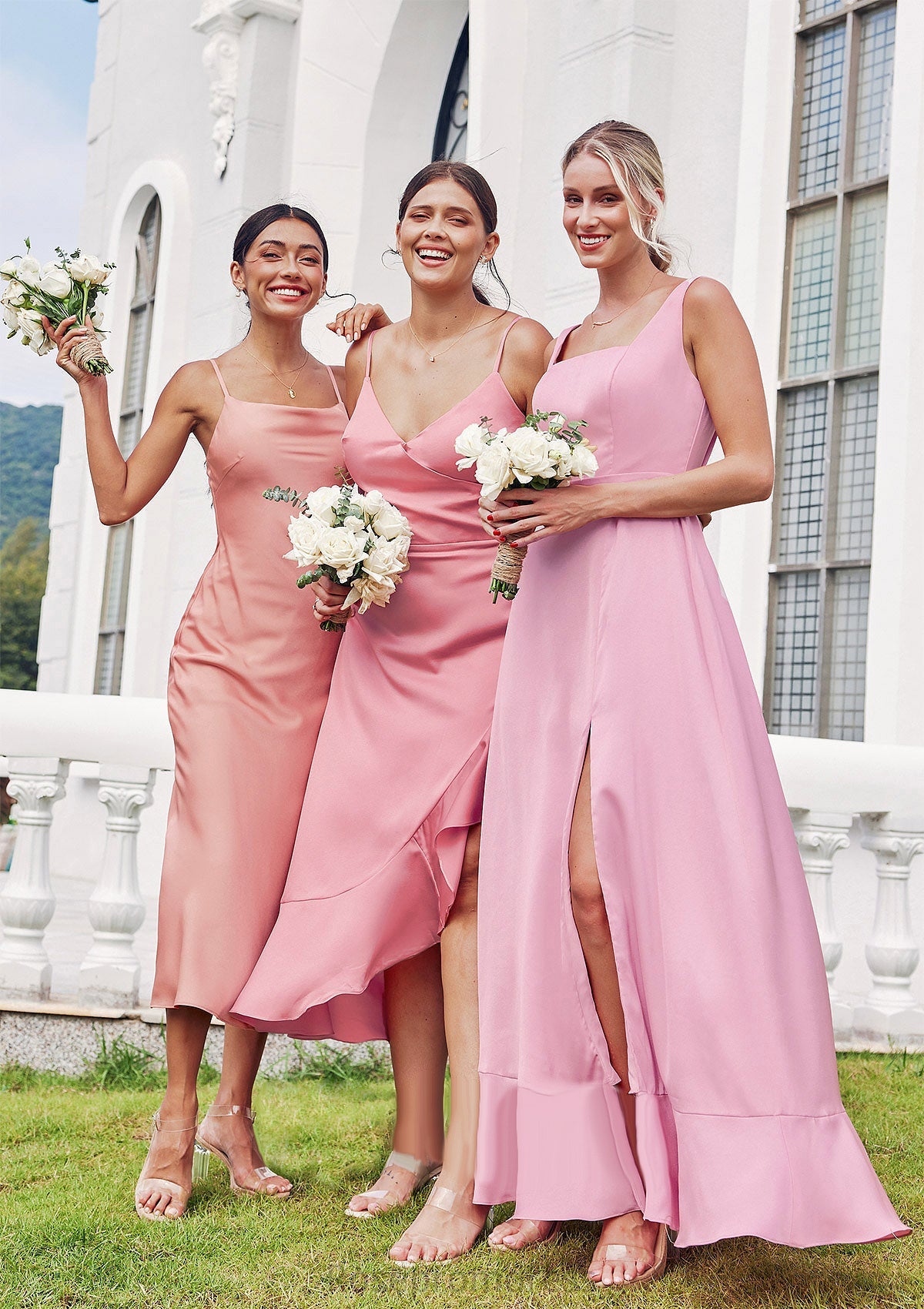 Sheath/Column Cowl Neck Sleeveless Tea-Length Stretch Satin Bridesmaid Dresses Jaylen SRSP0025232