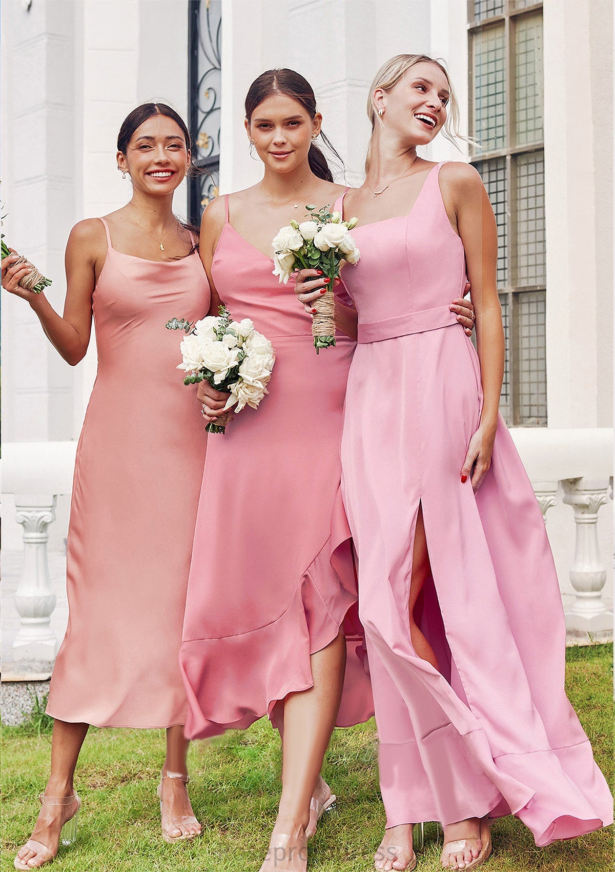 Sheath/Column Cowl Neck Sleeveless Tea-Length Stretch Satin Bridesmaid Dresses Jaylen SRSP0025232