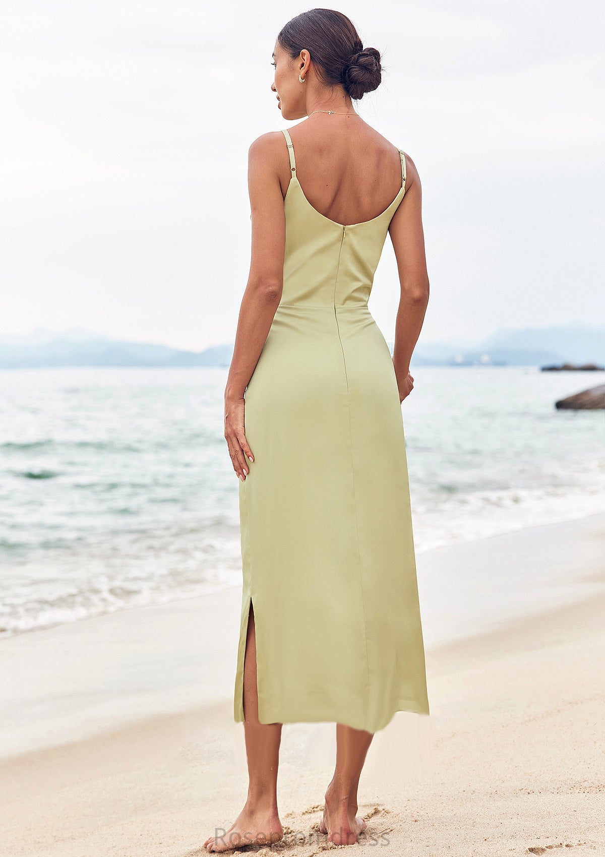 Sheath/Column V Neck Sleeveless Tea-Length Stretch Satin Bridesmaid Dresses with Pleated Split Evie SRSP0025233