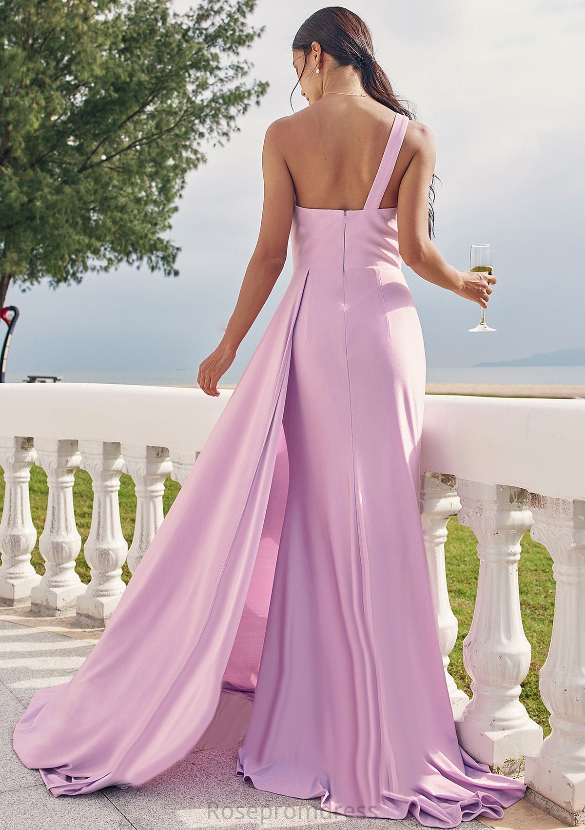 Trumpet/Mermaid One-Shoulder Sleeveless Floor-Length Jersey Bridesmaid Dresses with Pleated Side Draping Talia SRSP0025234