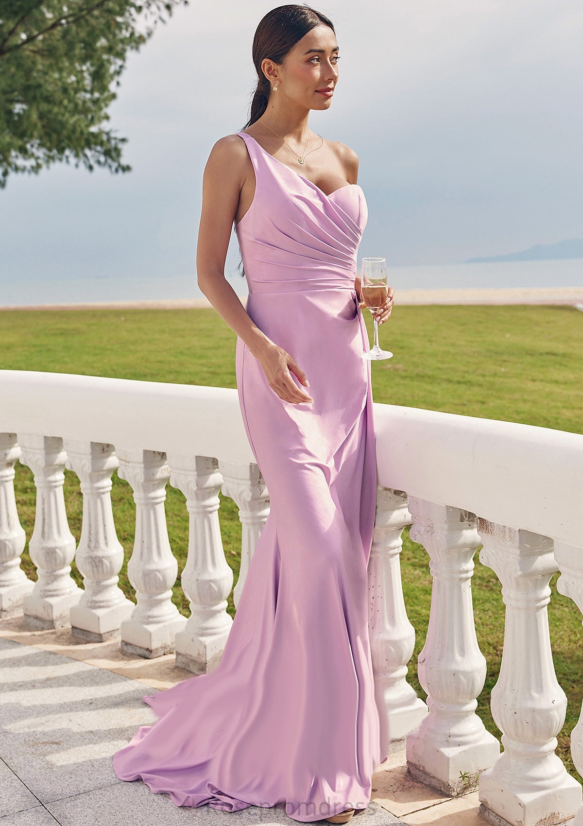 Trumpet/Mermaid One-Shoulder Sleeveless Floor-Length Jersey Bridesmaid Dresses with Pleated Side Draping Talia SRSP0025234