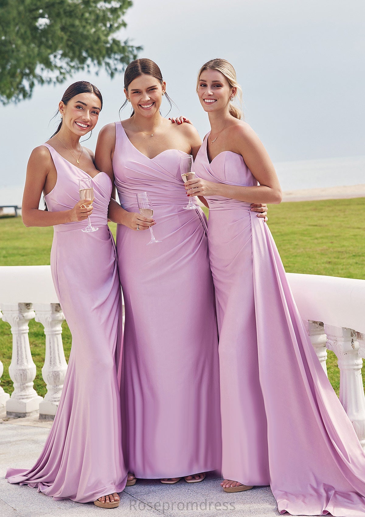 Trumpet/Mermaid One-Shoulder Sleeveless Floor-Length Jersey Bridesmaid Dresses with Pleated Side Draping Talia SRSP0025234