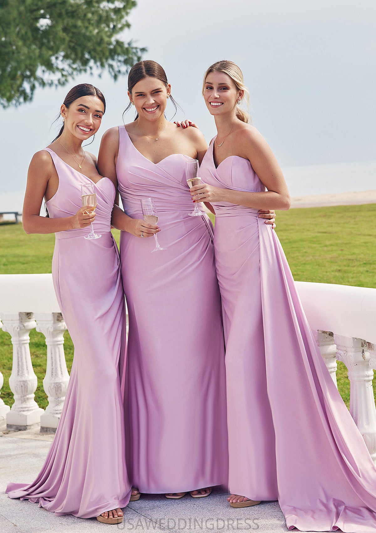 Trumpet/Mermaid One-Shoulder Sleeveless Floor-Length Jersey Bridesmaid Dresses with Pleated Side Draping Talia DSP0025234