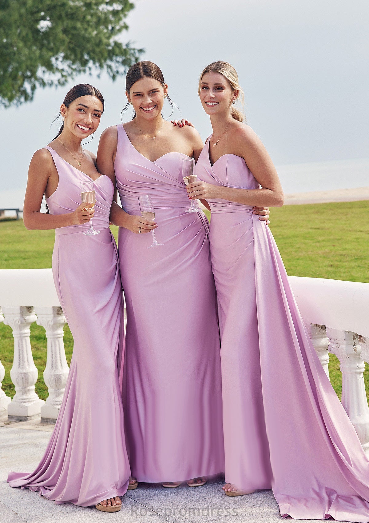 Trumpet/Mermaid One-Shoulder Sleeveless Floor-Length Jersey Plus Size Bridesmaid Dresses with Pleated Side Draping LuLu SRSP0025235