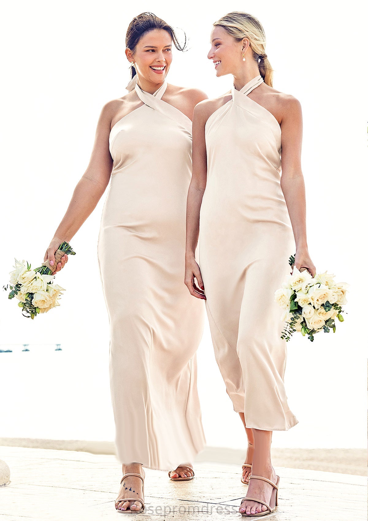 Sheath/Column Halter Sleeveless Ankle-Length Stretch Satin Bridesmaid Dresses with Bowknot Emilie SRSP0025236