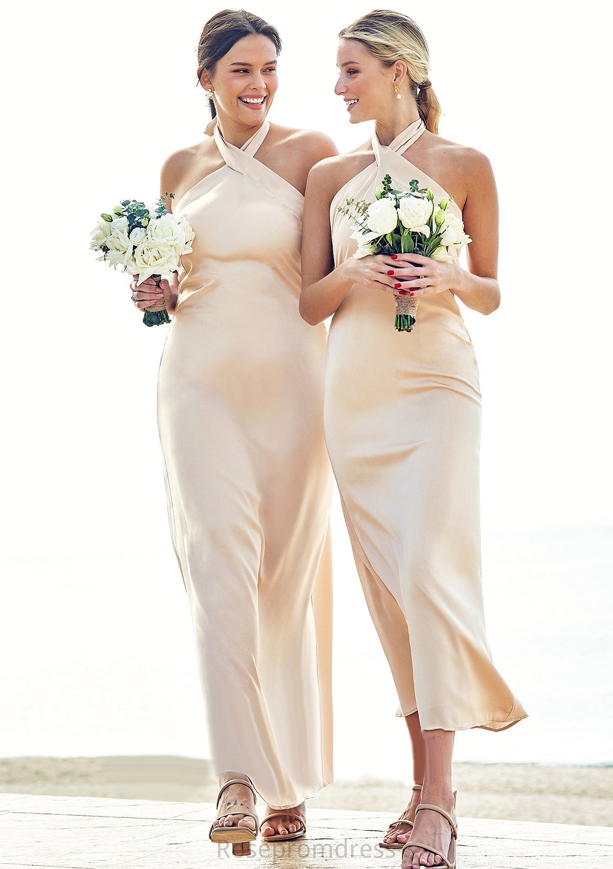 Sheath/Column Halter Sleeveless Ankle-Length Stretch Satin Bridesmaid Dresses with Bowknot Emilie SRSP0025236