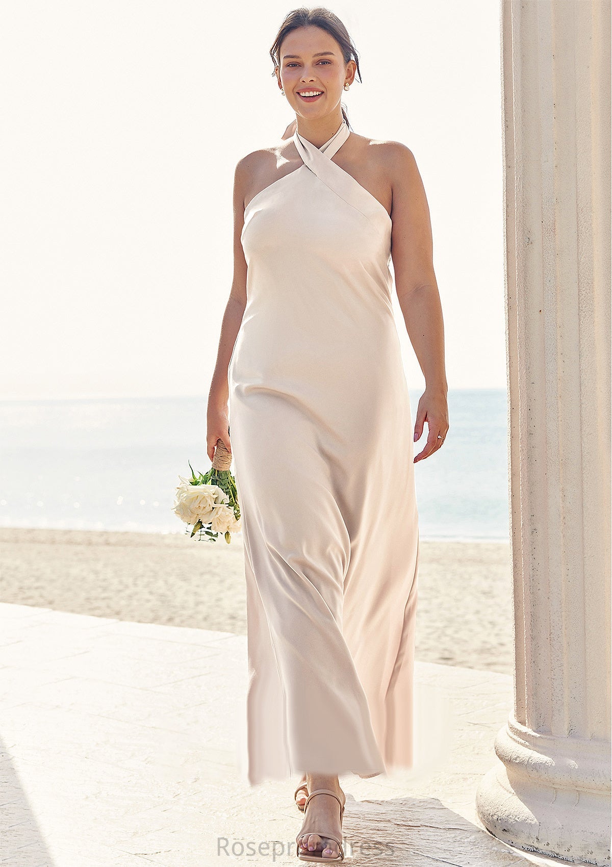 Sheath/Column Halter Sleeveless Ankle-Length Stretch Satin Plus Size Bridesmaid Dresses with Bowknot Elianna SRSP0025237