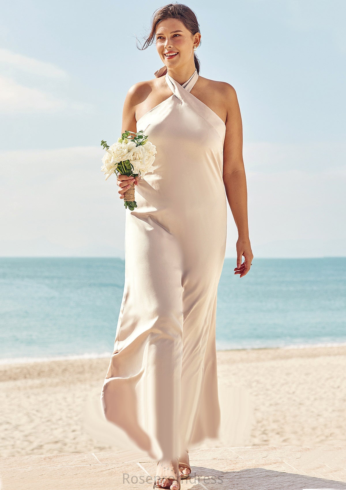 Sheath/Column Halter Sleeveless Ankle-Length Stretch Satin Plus Size Bridesmaid Dresses with Bowknot Elianna SRSP0025237