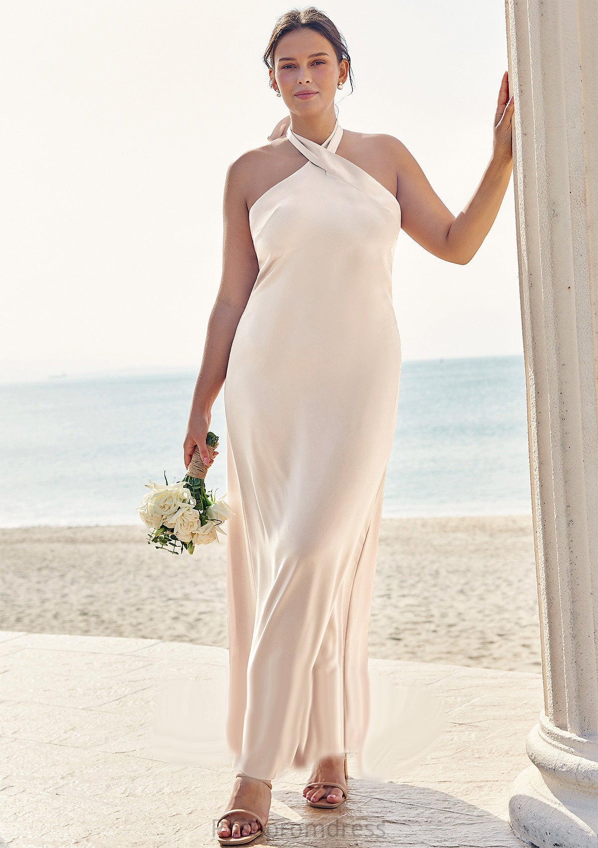 Sheath/Column Halter Sleeveless Ankle-Length Stretch Satin Plus Size Bridesmaid Dresses with Bowknot Elianna SRSP0025237