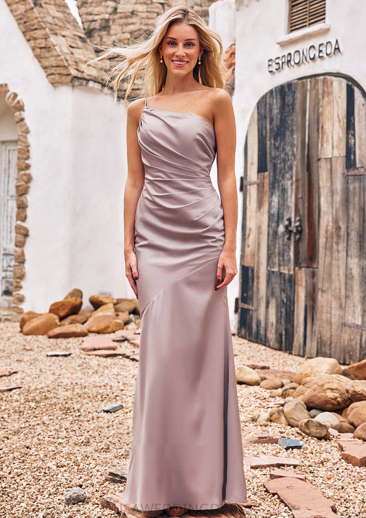 Sheath/Column One-Shoulder Sleeveless Floor-Length Stretch Satin Bridesmaid Dresses with Pleated Willa DSP0025238