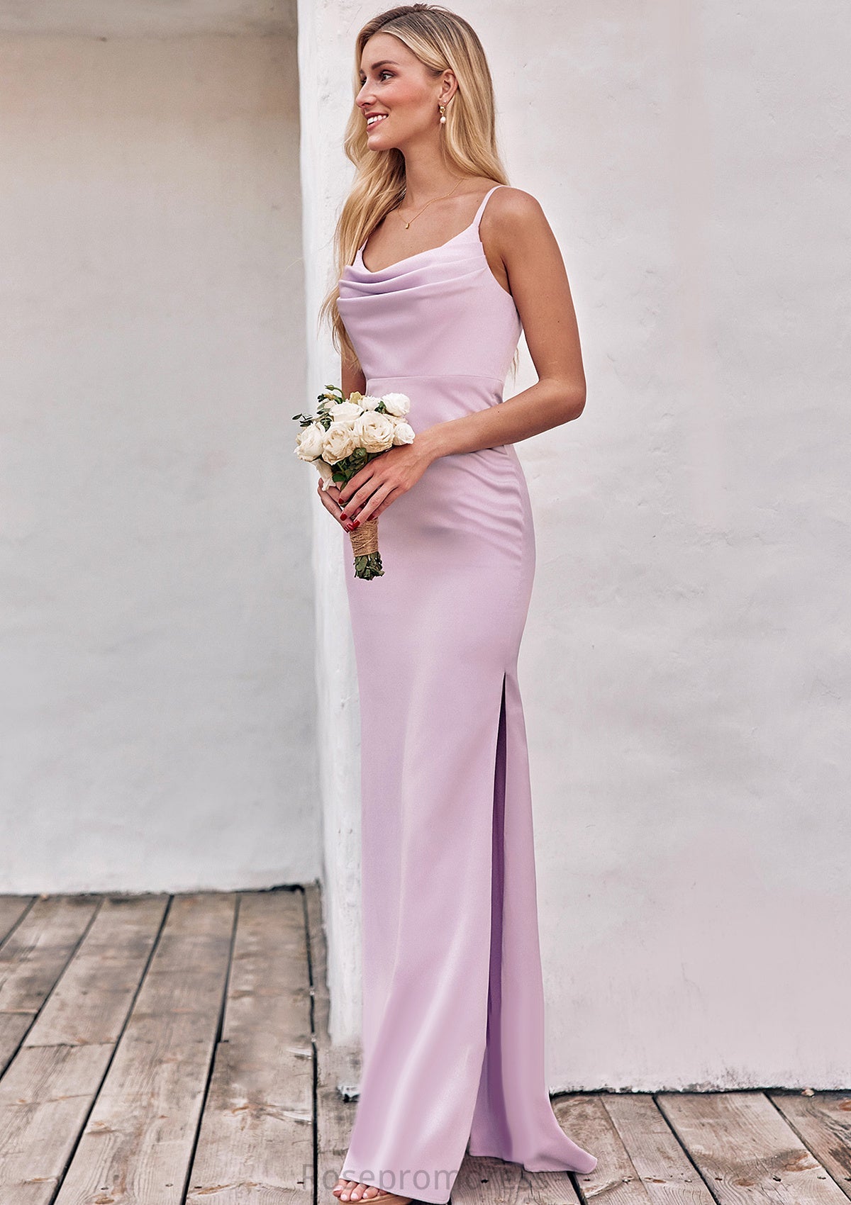 Sheath/Column Cowl Neck Sleeveless Floor-Length Stretch Satin Bridesmaid Dresses with Pleated Split Melanie SRSP0025242