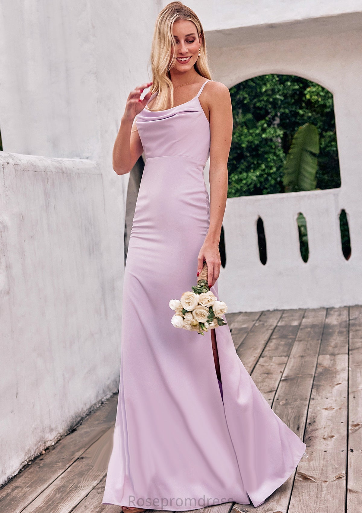 Sheath/Column Cowl Neck Sleeveless Floor-Length Stretch Satin Bridesmaid Dresses with Pleated Split Melanie SRSP0025242