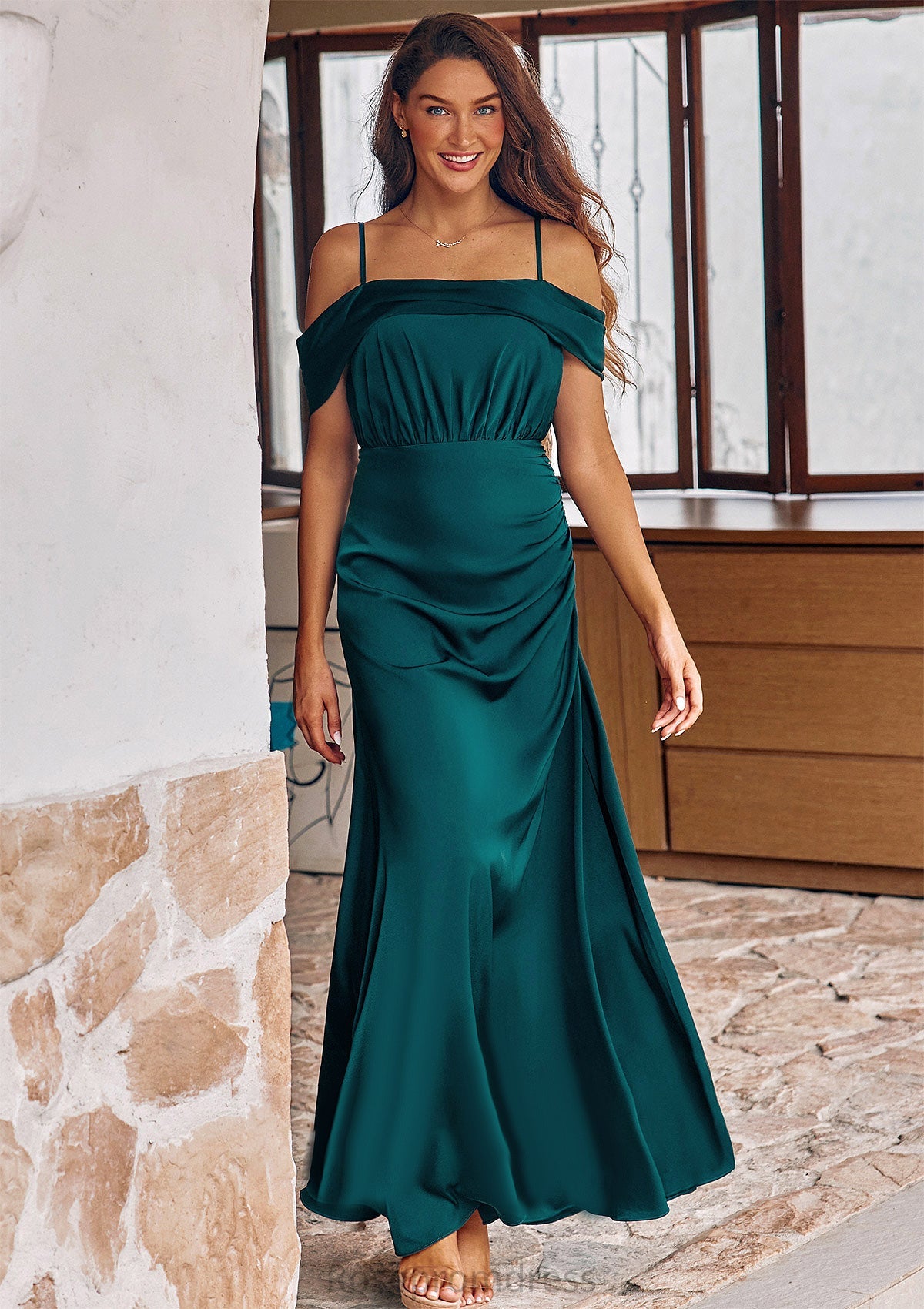 A-line Off-the-Shoulder Sleeveless Floor-Length Stretch Satin Bridesmaid Dresses with Pleated Reyna SRSP0025243