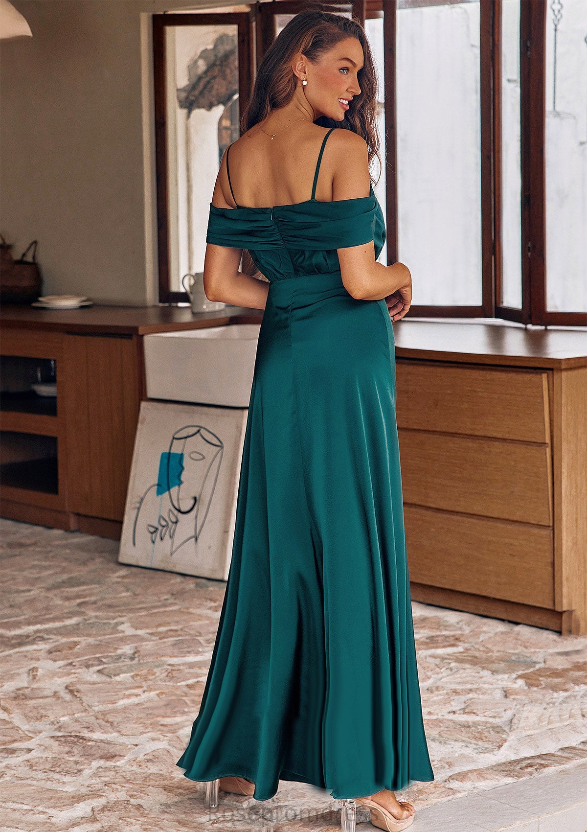 A-line Off-the-Shoulder Sleeveless Floor-Length Stretch Satin Bridesmaid Dresses with Pleated Reyna SRSP0025243