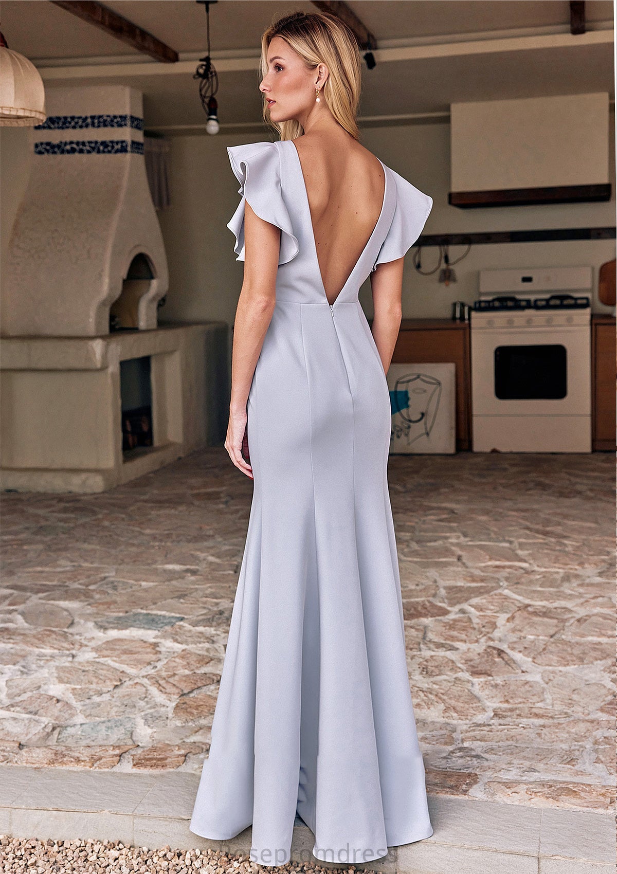 Trumpet/Mermaid Scoop Neck Short Sleeve Floor-Length Stretch Crepe Bridesmaid Dresses with Pleated Ruffles Maisie SRSP0025244