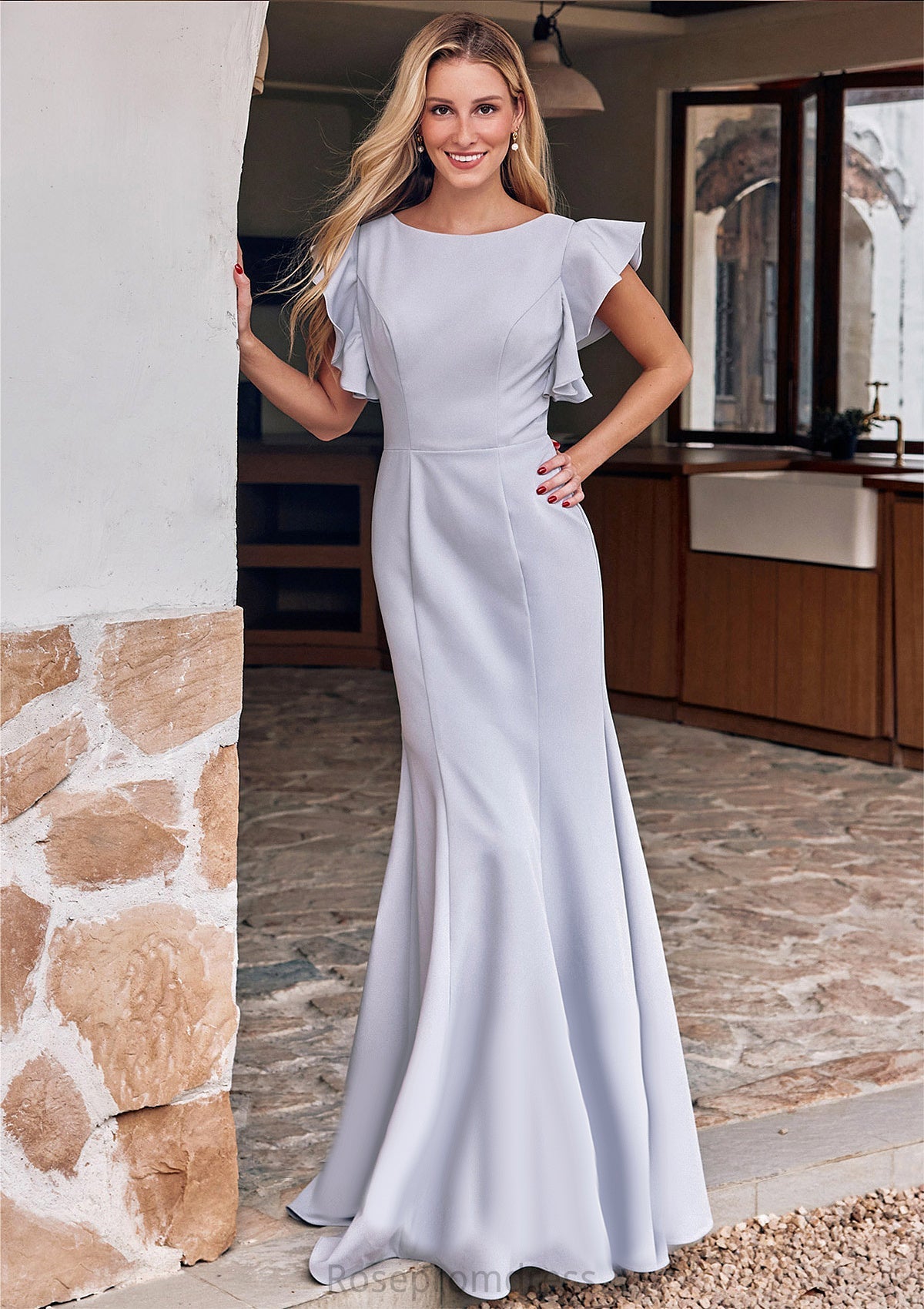 Trumpet/Mermaid Scoop Neck Short Sleeve Floor-Length Stretch Crepe Bridesmaid Dresses with Pleated Ruffles Maisie SRSP0025244