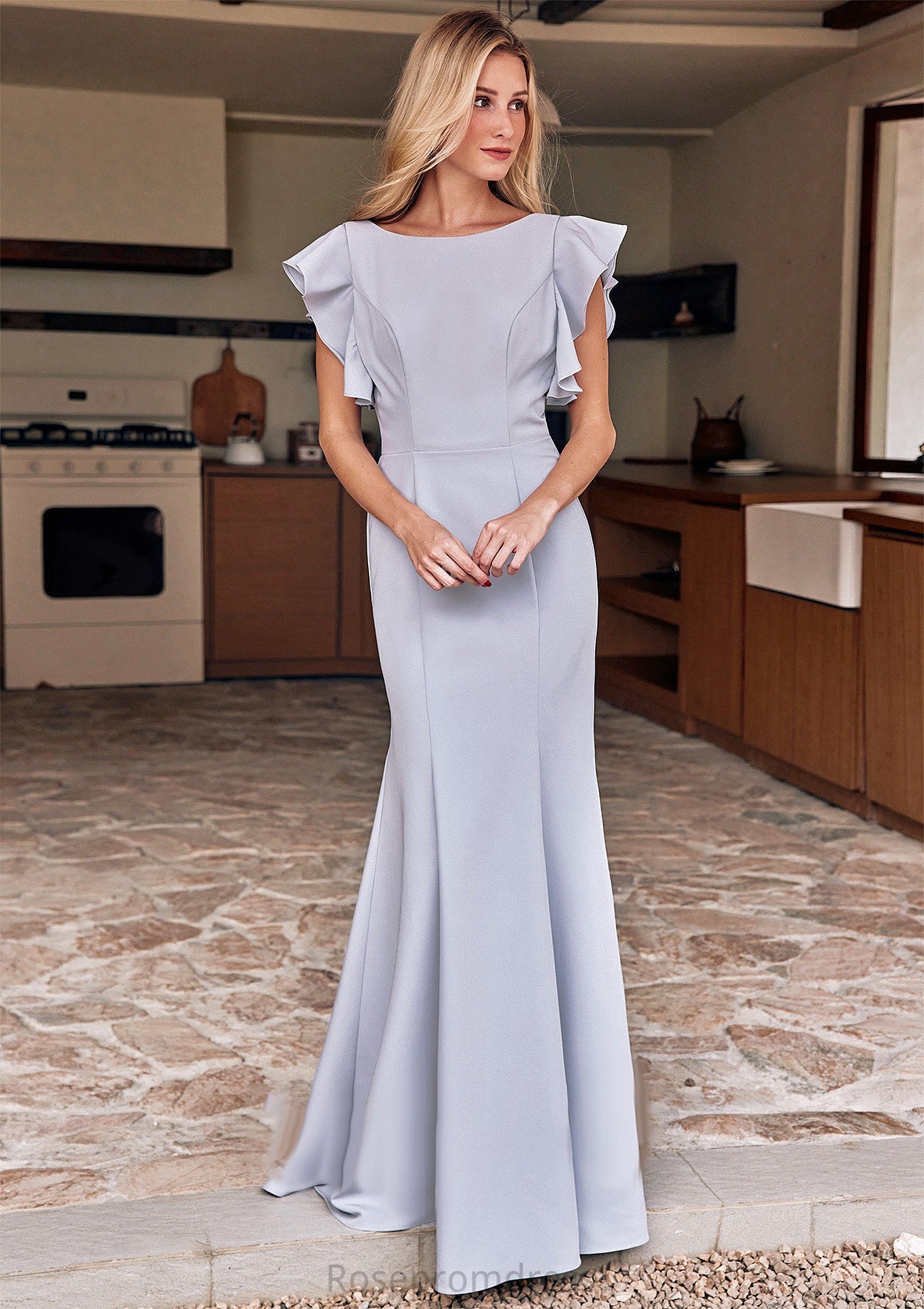 Trumpet/Mermaid Scoop Neck Short Sleeve Floor-Length Stretch Crepe Bridesmaid Dresses with Pleated Ruffles Maisie SRSP0025244