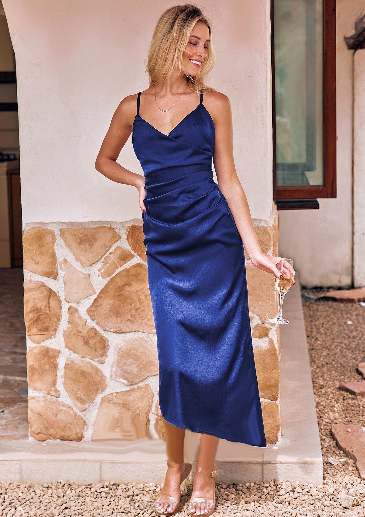 Sheath/Column V Neck Sleeveless Asymmetrical Stretch Satin Bridesmaid Dresses with Pleated Danna SRSP0025245