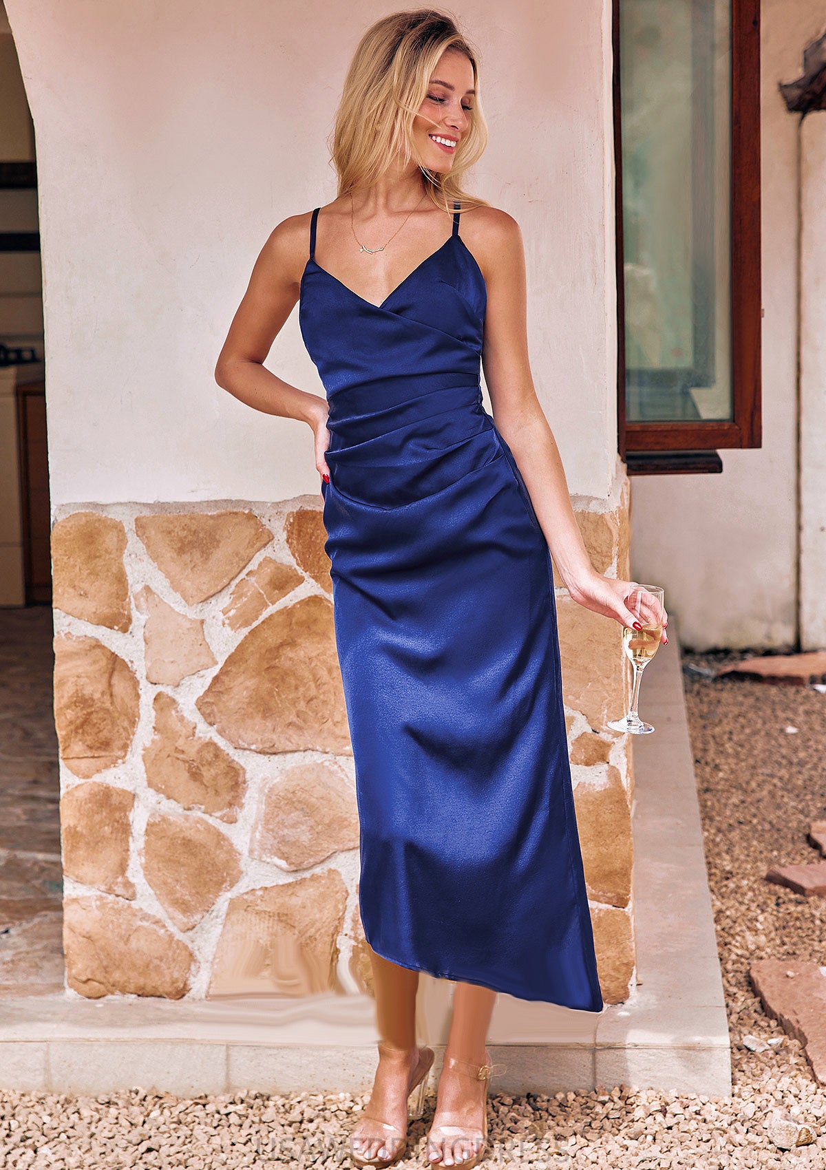 Sheath/Column V Neck Sleeveless Asymmetrical Stretch Satin Bridesmaid Dresses with Pleated Lilith DSP0025245