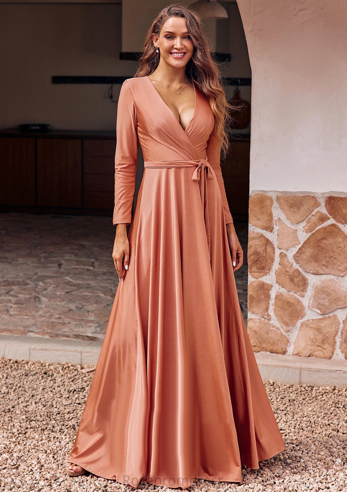 A-line V Neck Full/Long Sleeve Floor-Length Jersey Bridesmaid Dresses with Pleated Sashes Meadow SRSP0025246