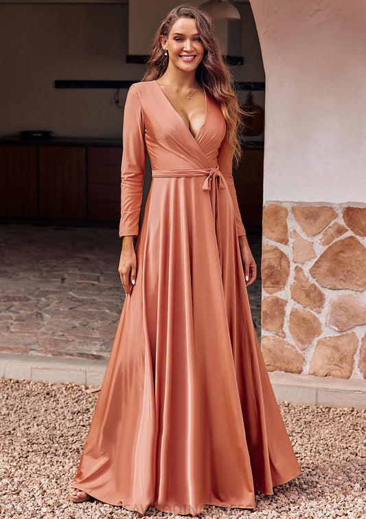 A-line V Neck Full/Long Sleeve Floor-Length Jersey Bridesmaid Dresses with Pleated Sashes Yvonne DSP0025246